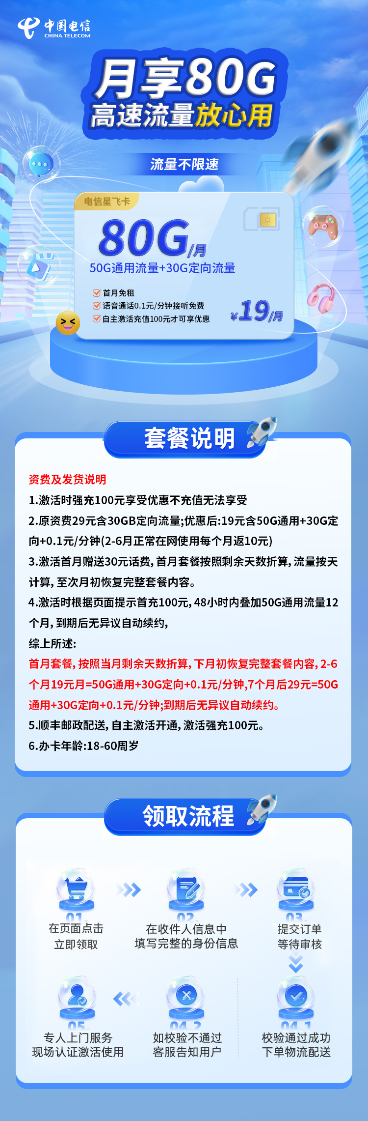 电信星飞卡19元80G+0.1元/分钟【发全国】套餐详情图