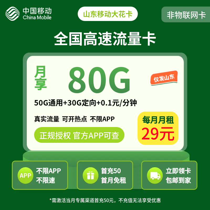 山东移动大花卡29元80G【只发山东】