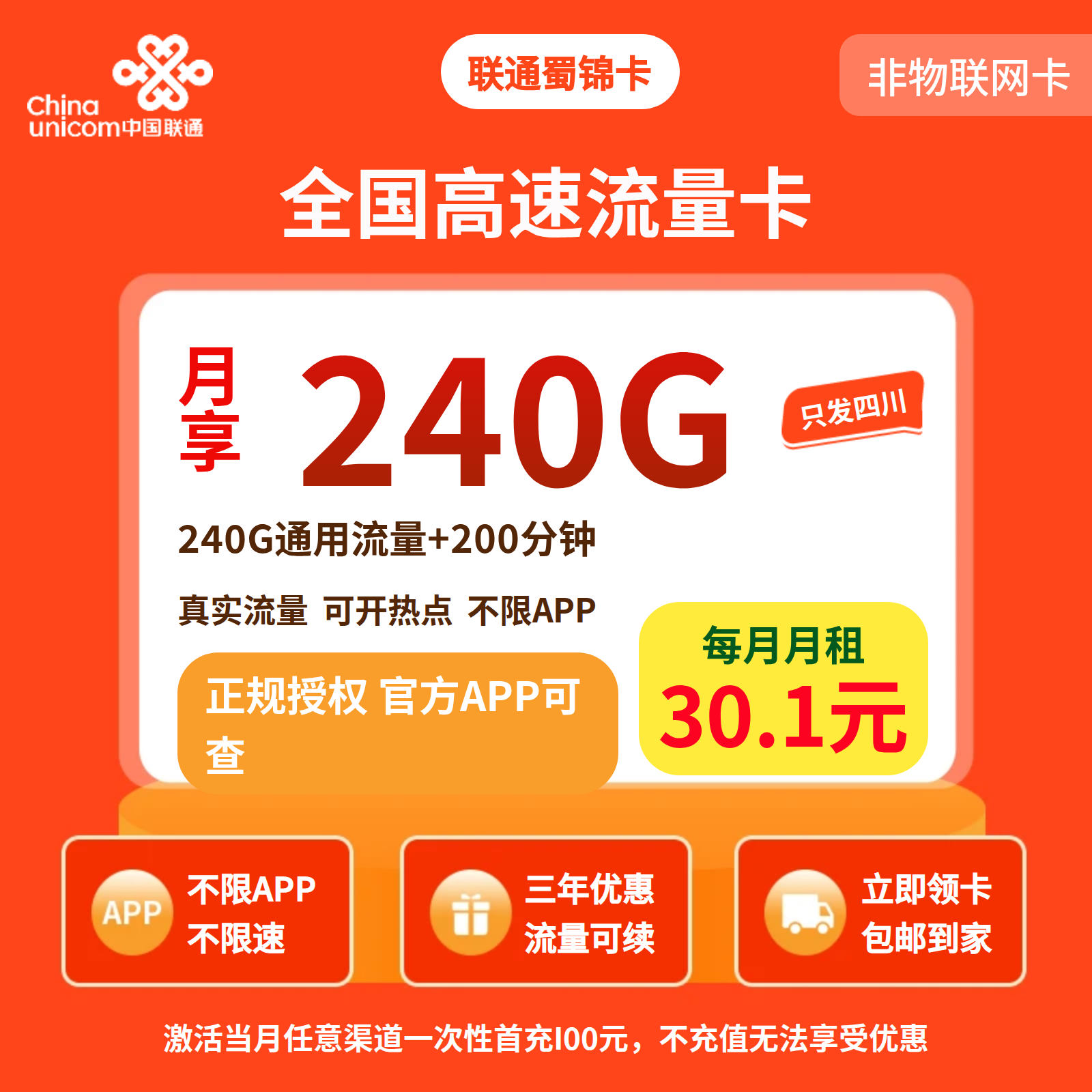 联通蜀锦卡30.1元240G+200分钟【仅发四川】