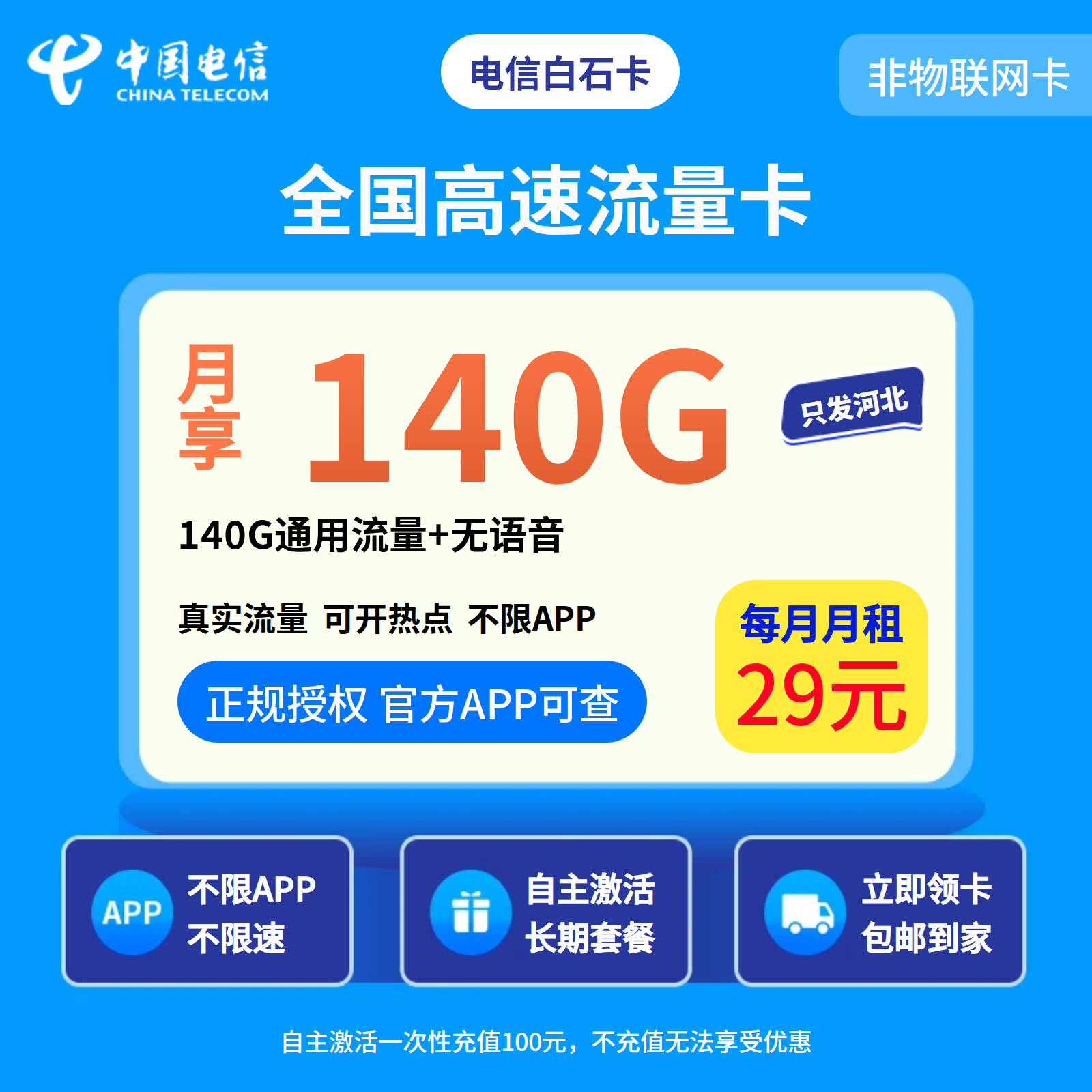 电信白石卡29元140G+无语音【只发河北】