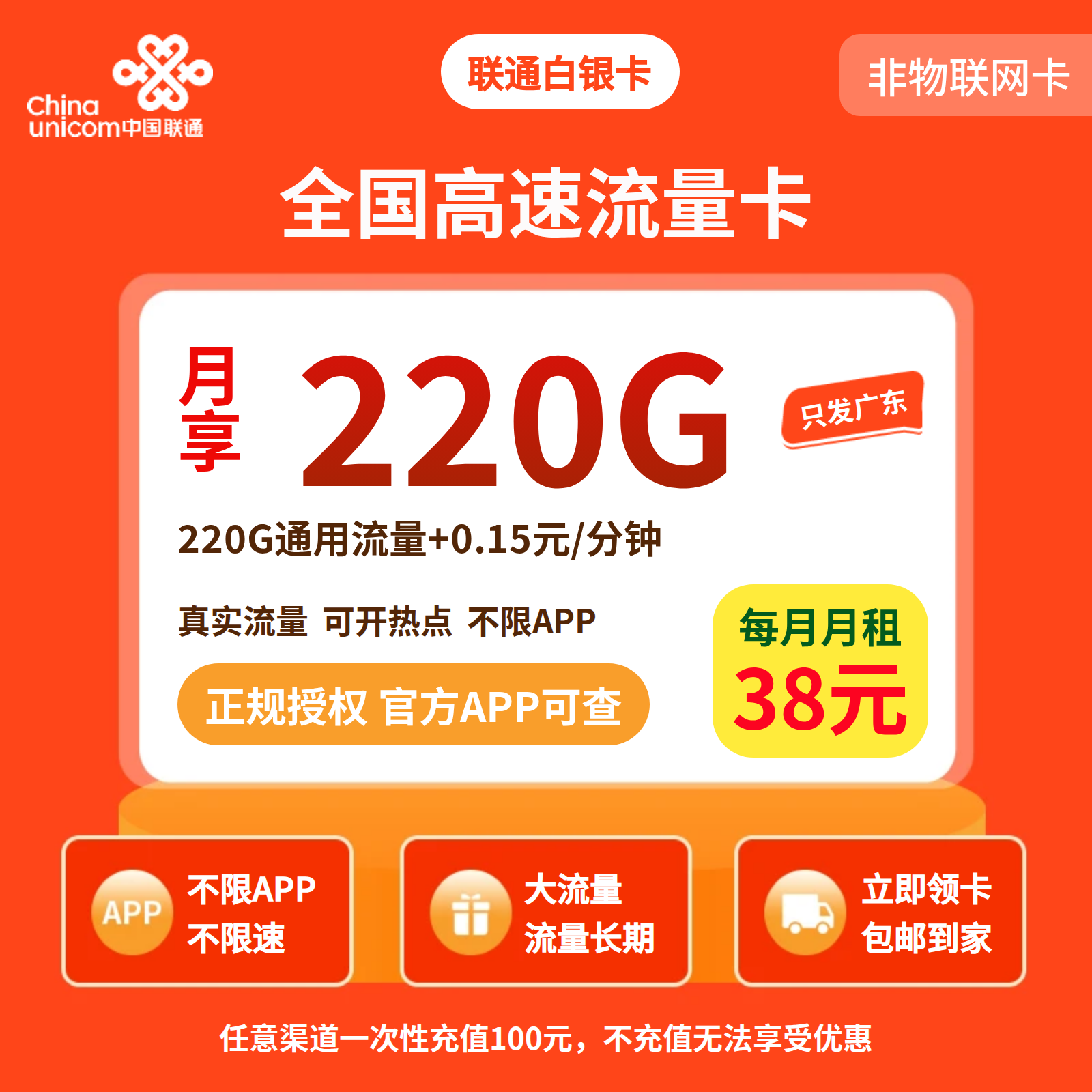 GY01联通白银卡38元220G流量+0.15/分钟【只发广东】