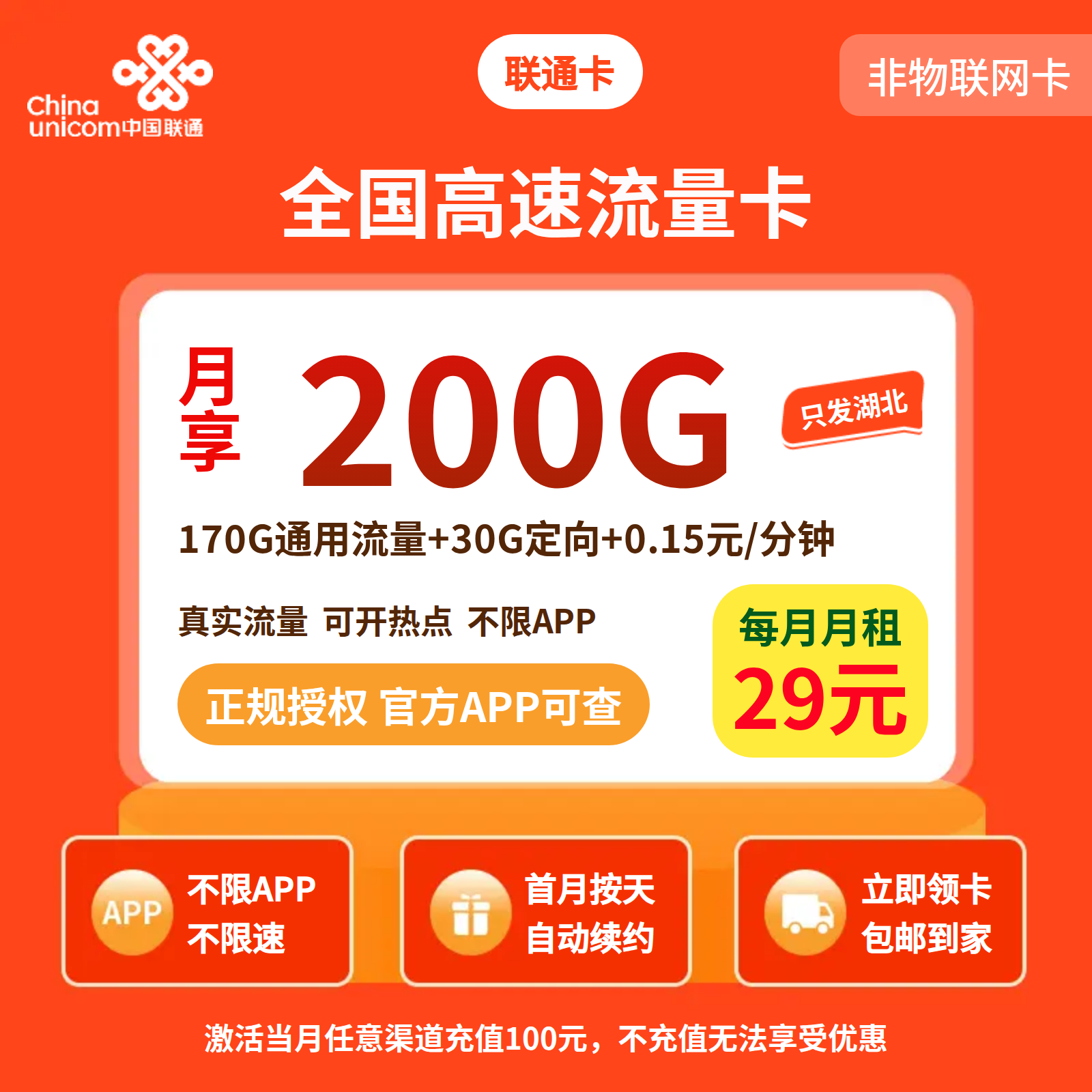 GY联通卡29元200G+0.15元/分钟【仅发湖北】