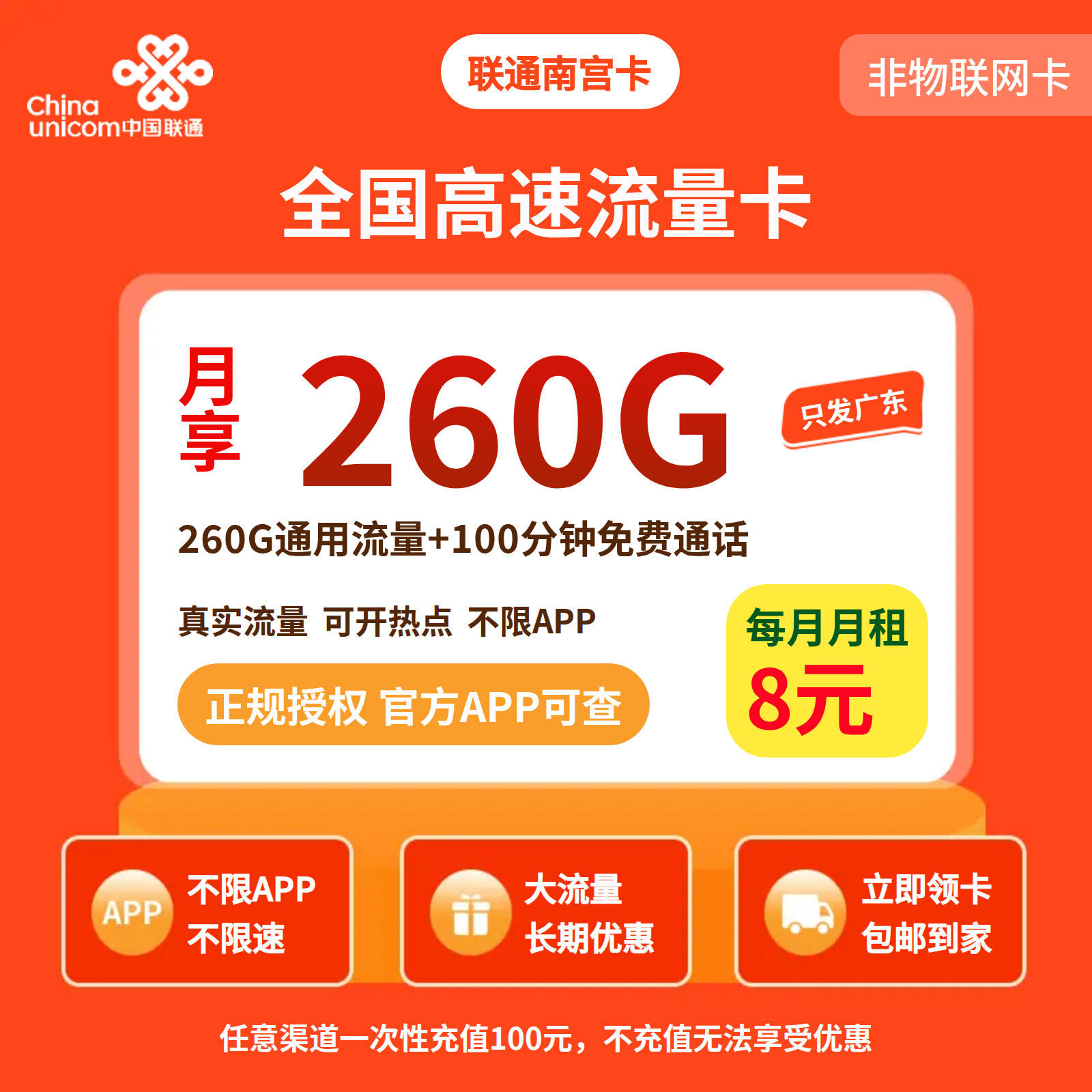 联通南宫卡8元260G流量+100分钟【只发广东】