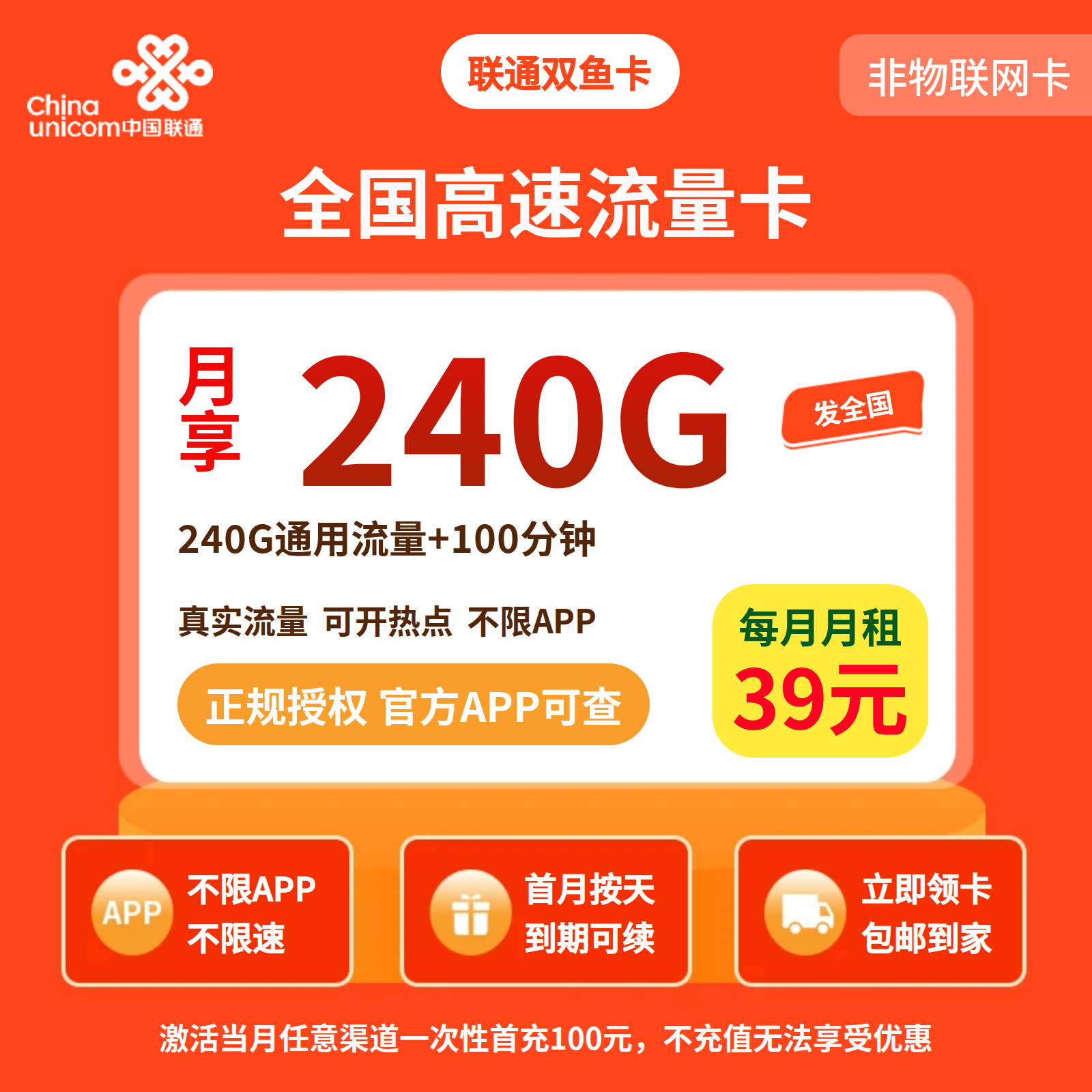 联通双鱼卡39元240G+100分钟【发全国】四证下单