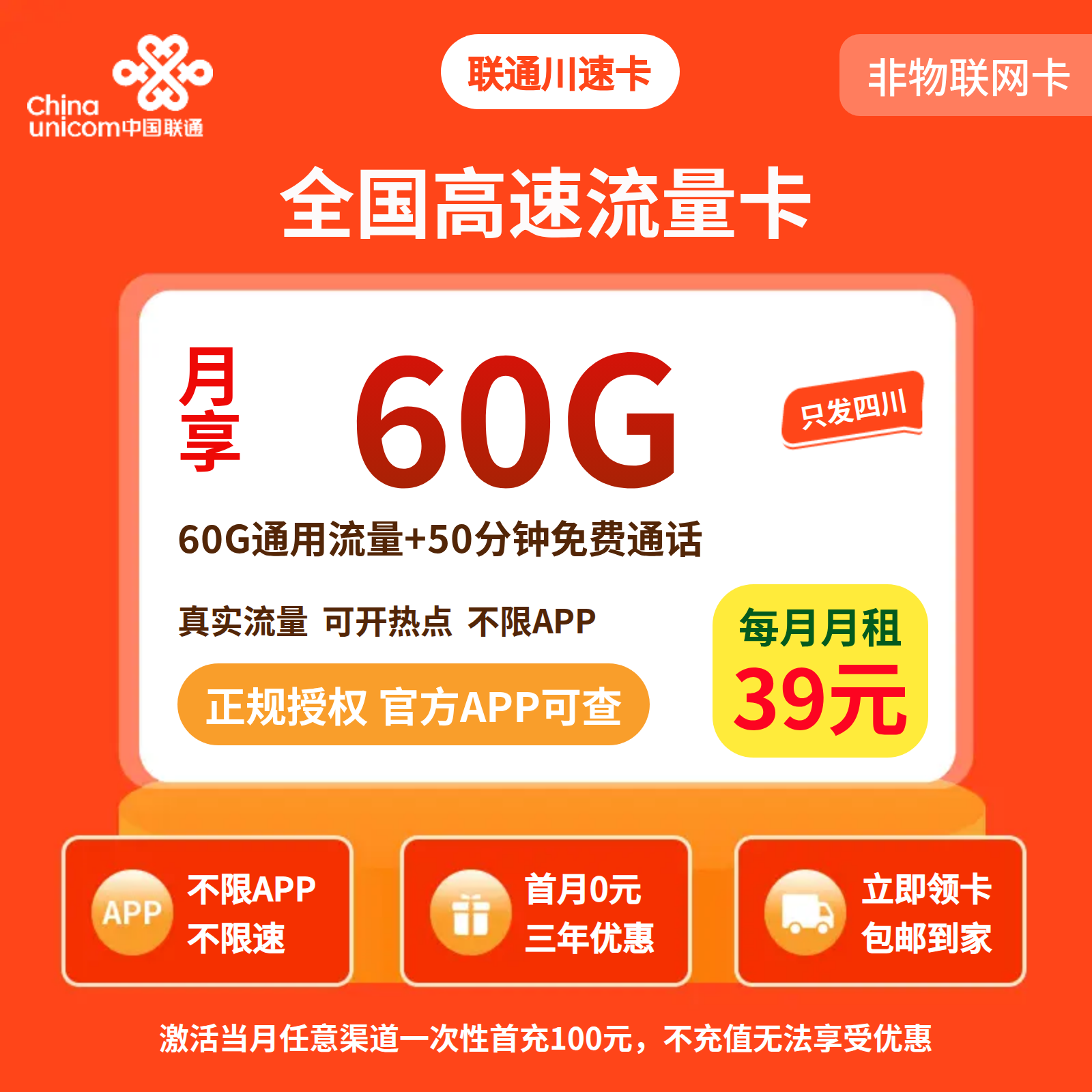 联通川速卡39元60G+50分钟【只发四川】