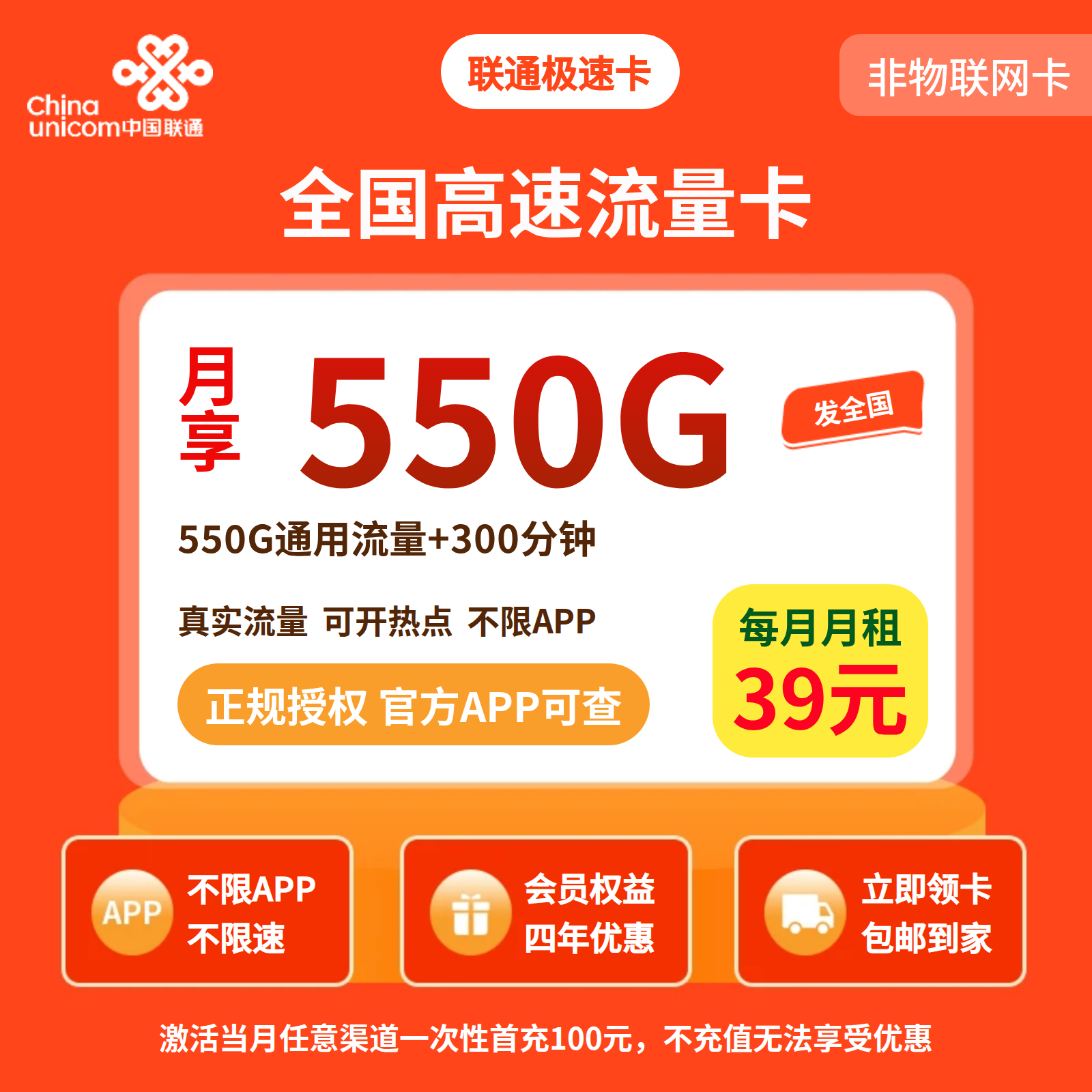 联通极速卡39元550G+300分钟+四年会员【只发四川】四照下单