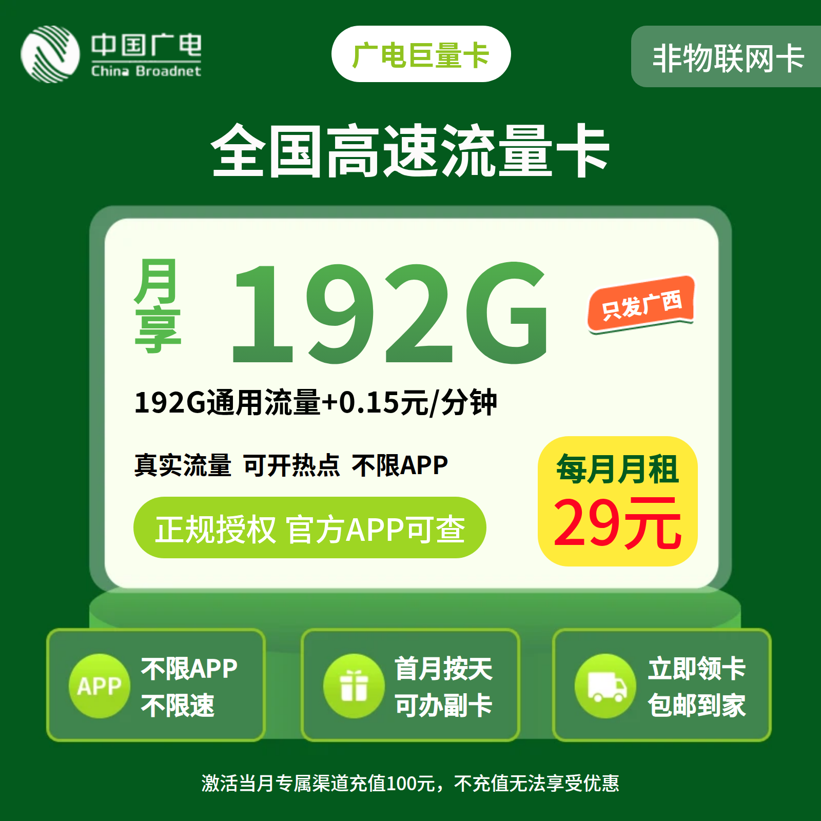广电巨量卡29元192G【只发广西】